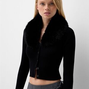 BERSHKA Black Faux Fur Collar Cardigan